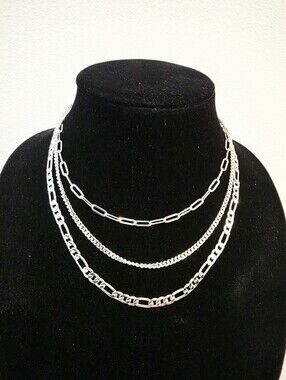 Evry High Polish Silvertone Necklaces, 3 Layer Chains New
